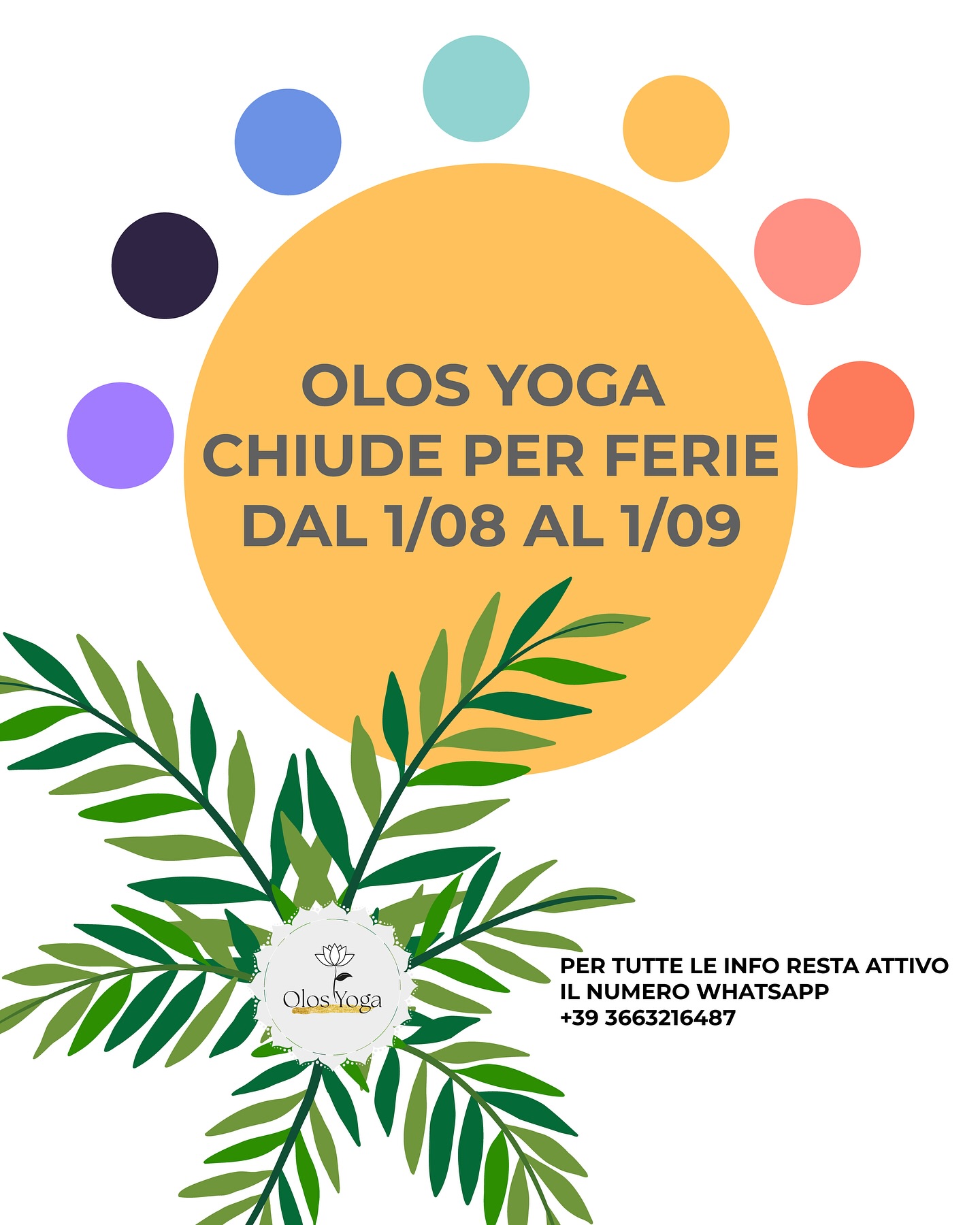 🧘‍♀️✨ Olos Yoga va in ferie!
Dal 1 agosto al 1 settembre (incluso) il centro sarà chiuso per una meritata pausa estiva.
Tempo di rallentare, respirare e rigenerarsi ☀️
per ritrovarsi a settembre, pronti a ricominciare con nuova energia e consapevolezza 🌿

Buona estate a tutti i frequentarori di Olos Yoga 💛

#OlosYoga #ferieestive #yogainpausa #centroyoga #estatezen #rilassarsi #yogalife #pausaconsapevole #yogaitalia #respiroprofondo #civediamoasettembre